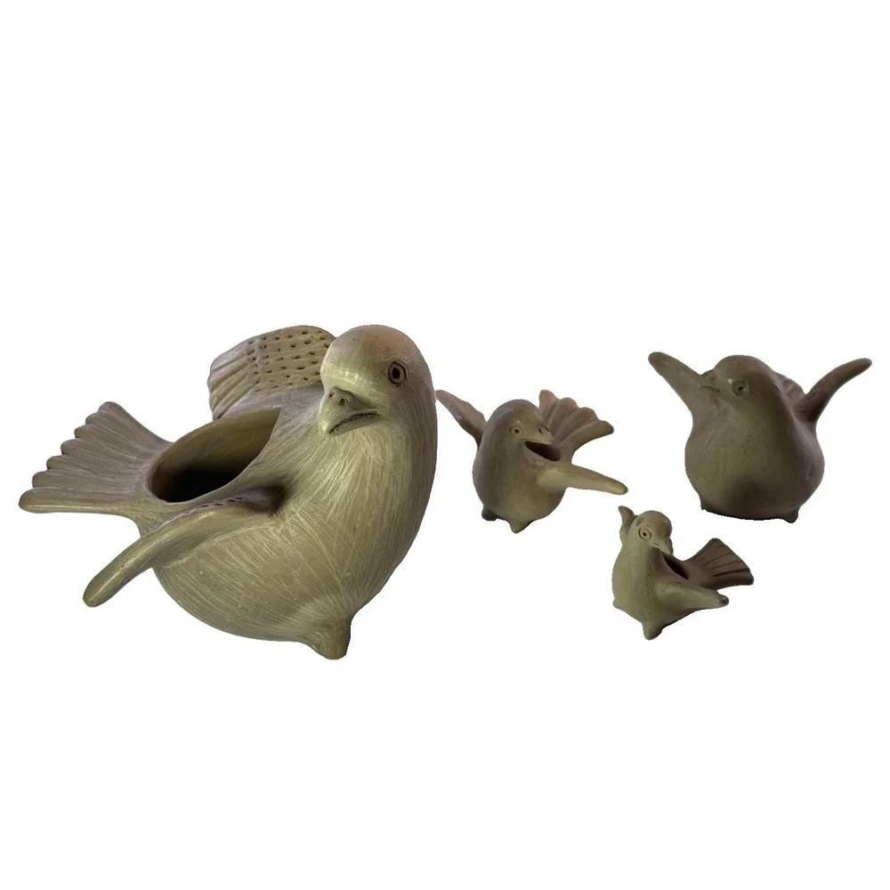 Vintage Mexican Pottery Dove Bird Family Planter Set of 4 Folk Art Clay Decor